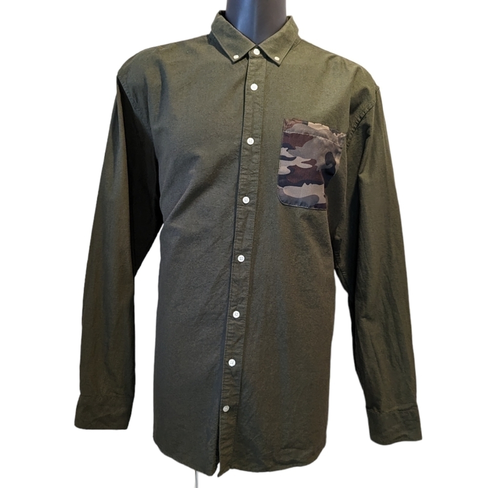 Simons Olive Green Button Down Shirt Modern Fit Size XXL Army Military